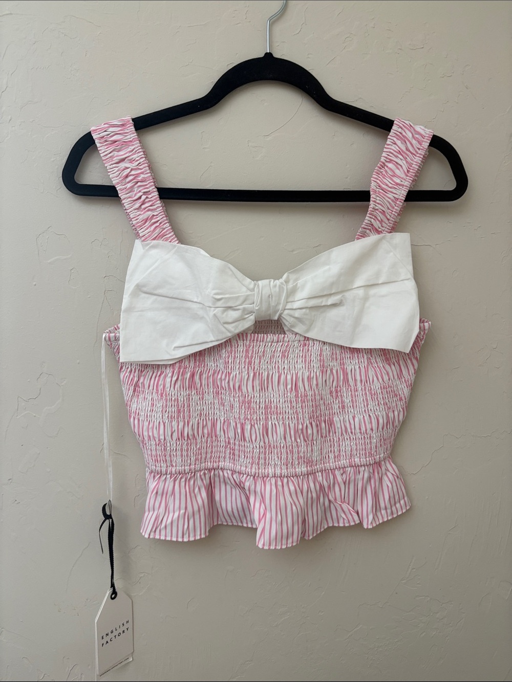 English Factory Pink and White Smocked Bow-Front Crop Top